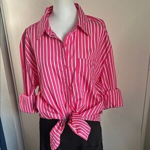 AKIRA New Versatile Pink and White Striped Boyfriend Fit Button-Down Shirt